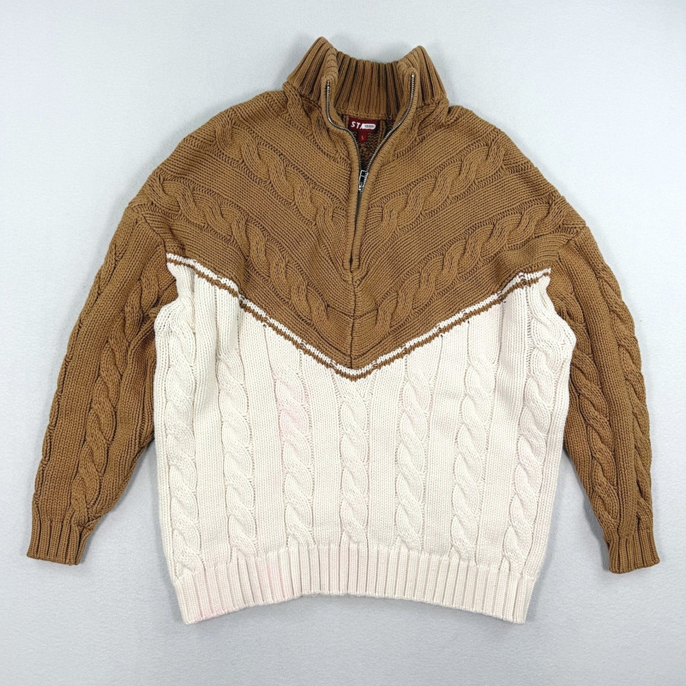 STAUD Brown Hampton Cable Knit 1/4 Zip Sweater Size S Womens Brown/White RTR